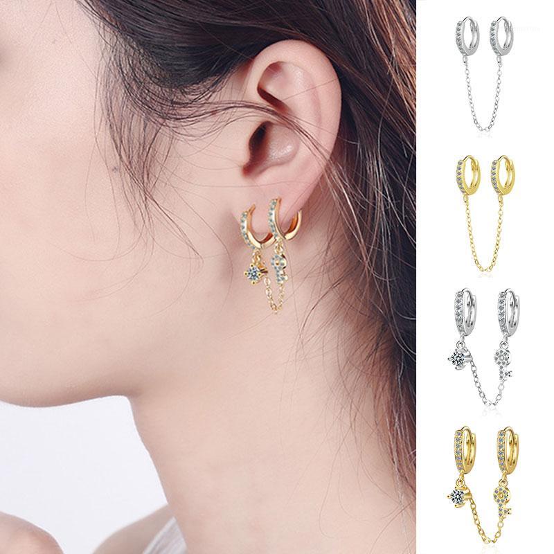 

Two Ear Hole Piercing Hoop Earrings Chain Tassel Golden/White Crystal Simple Bohemia Earring Jewelry For Lady Girls Gifts1