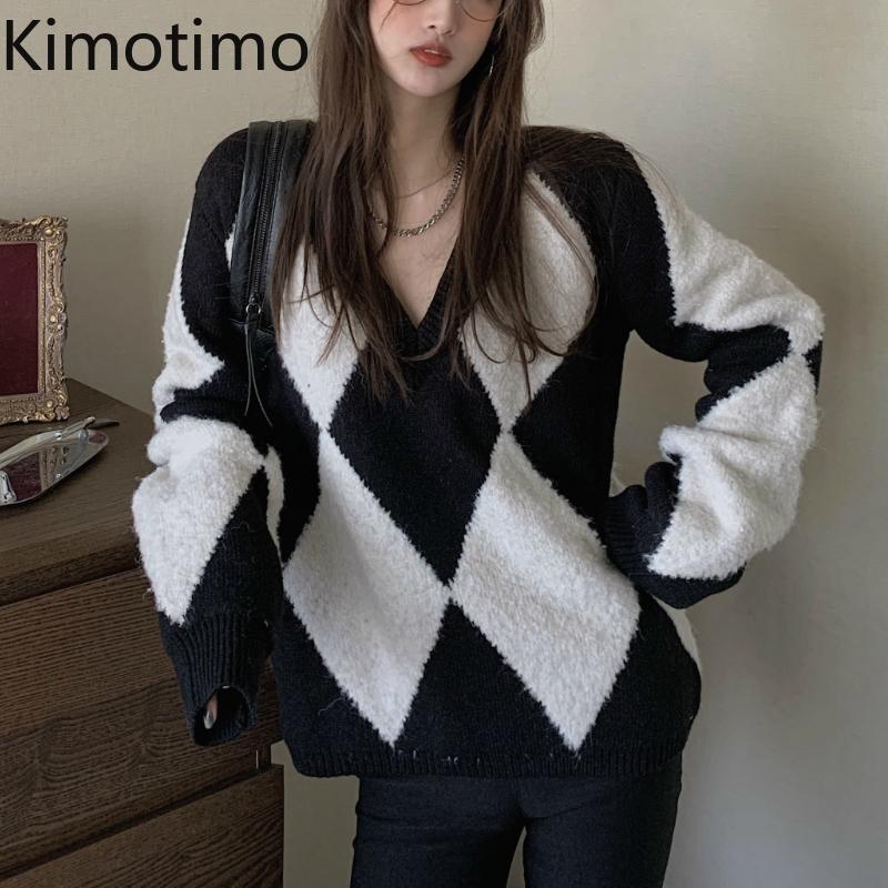 

Kimotimo V Neck Sweater Women 2020 Autumn Pullovers Argyle England Style Korean Tops Elegant Casual Harajuku Casual Sweater, Photo