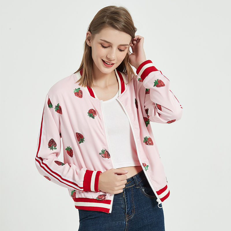 

Women strawberry autumn female casual jacket outward long sleeve tops ladies new fashion design sequins coat, Pink strawberry.