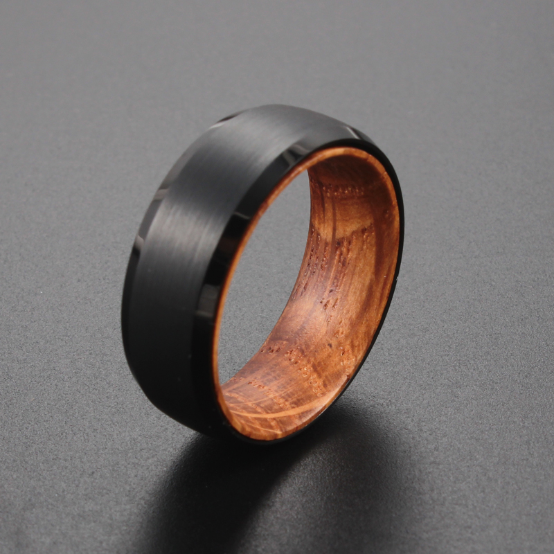 

8mm Black Tungsten Carbide Ring with Whiskey Barrel Wood Mens Wedding Band
