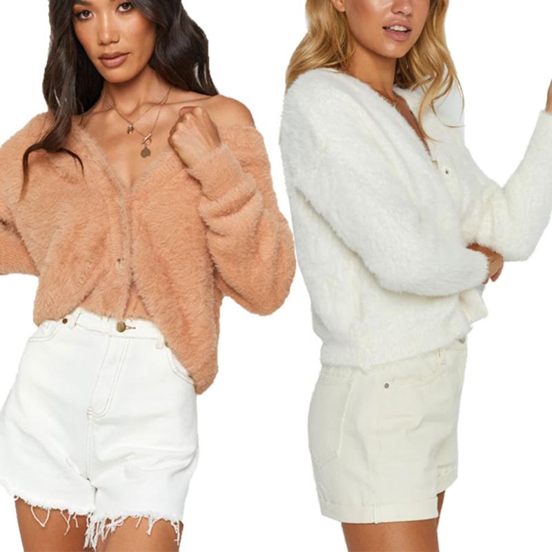 

Women' Plush Coat, Cardigan, Double-Side Wear Loose Casual V-Neck Fall Long Sleeve Clothes, Brown