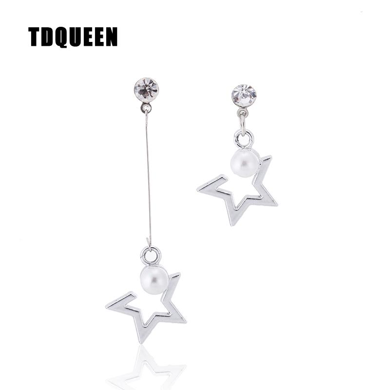 

TDQUEEN Dangle Star Earrings Silver Plated and Gold Color Crystal Pearl Short and Long Asymmetrical Drop Earrings for Women