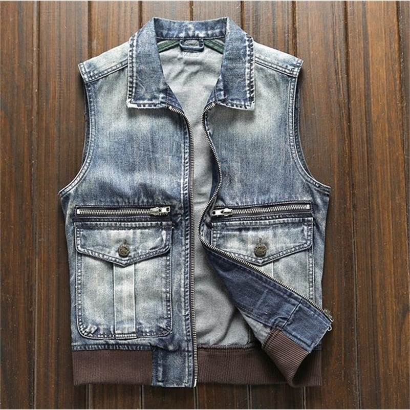 

Men's Biker Denim Vest Light Blue Zipper Jeans Waistcoat Streetwear Slim fit Motorcycle Club Sleeveless Jackets For Male 201114, Sky blue