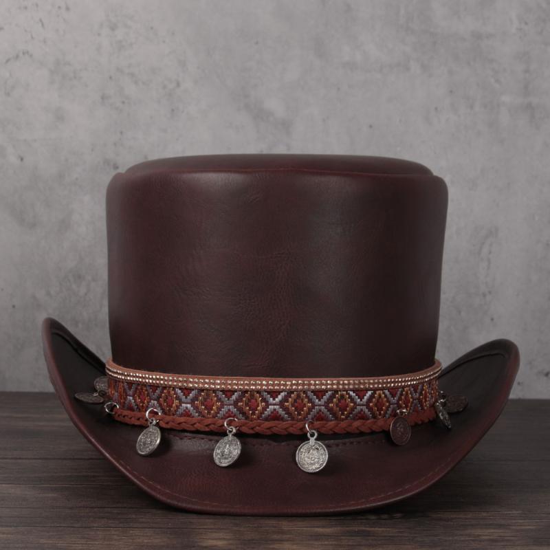 

Women Men Leather Top Hat President Traditional Fedora Hat Magic Tassel Cosplay Party Cap Dropshiping 3Size 13CM, Black