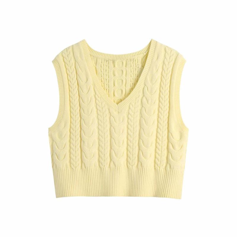 

2020 New Women Tops Solid Knitted Sleeveless V-Neck Sweater Casual Loose Style Female Women Clothes, Yellow