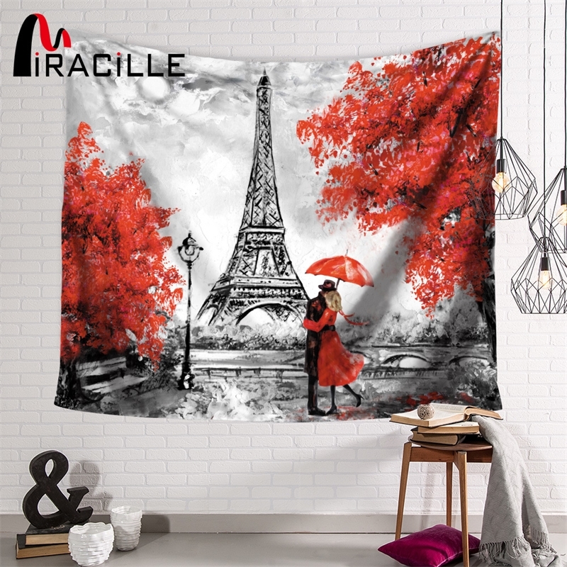 

Miracille Europe Romantic City Paris Eiffel Tower Pattern Tapestry Wall Hanging for Home Decorative Polyester Wall Cloth Carpet T200601