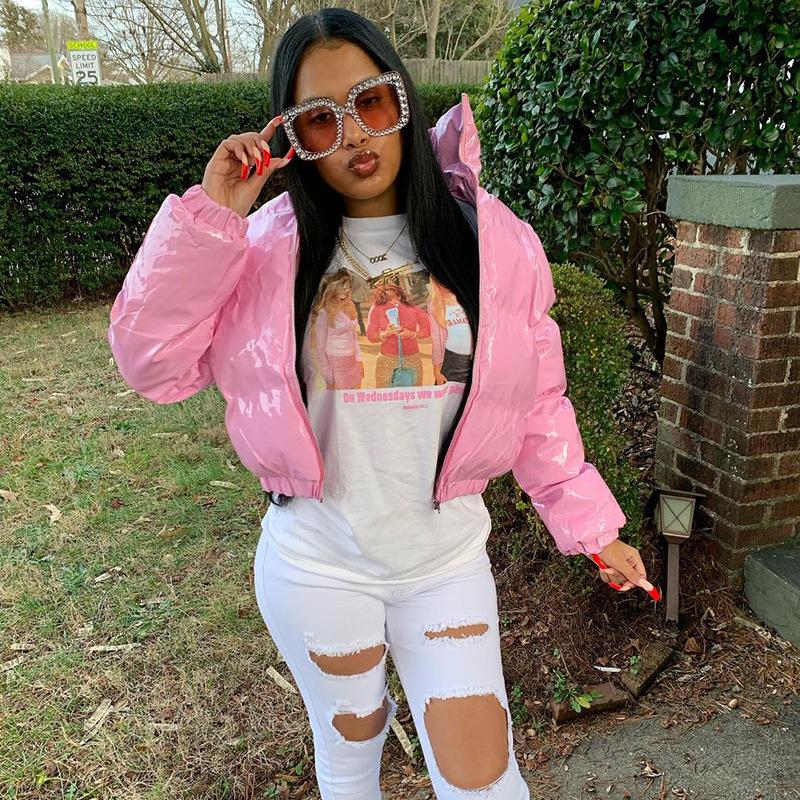 

Women's Down & Parkas Fashion Cute Women Bright PU Pink Puffer Jacket Winter Warm Bubble Coats Shiny Leather Zipper Cropped Jackets, Black