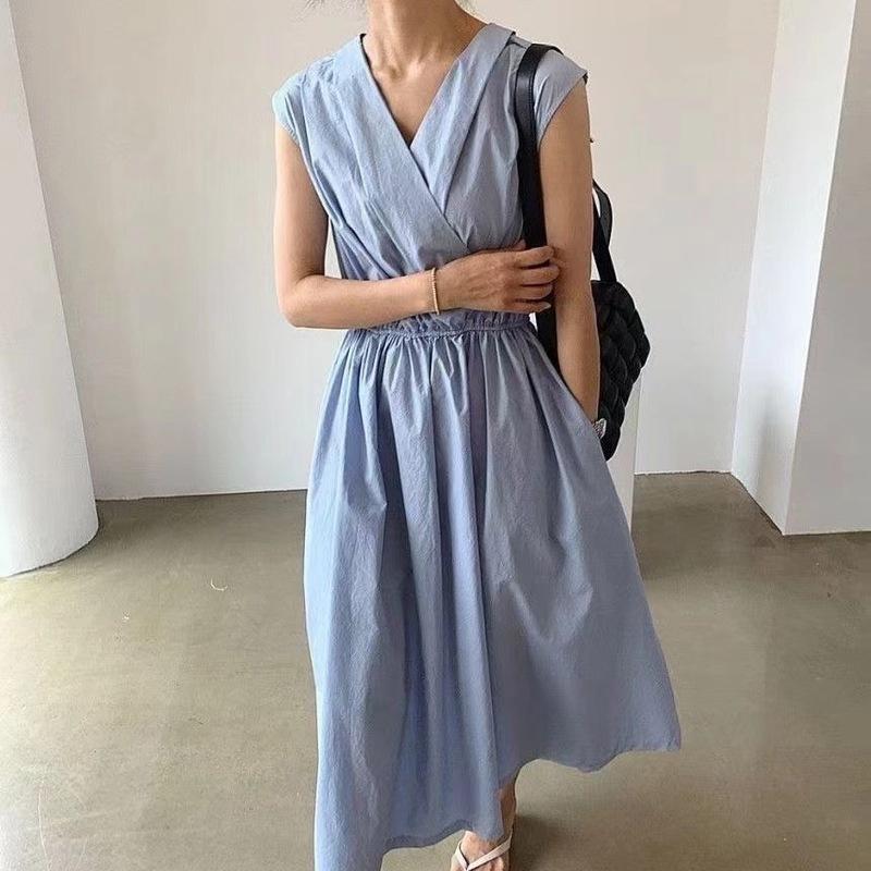 

Casual Dresses Korean Women Maxi Dress Summer 2022 Soft Solid Cotton Blue V-neck Pleated High Waist Long Sleeveless Vestido 14750, Black;gray