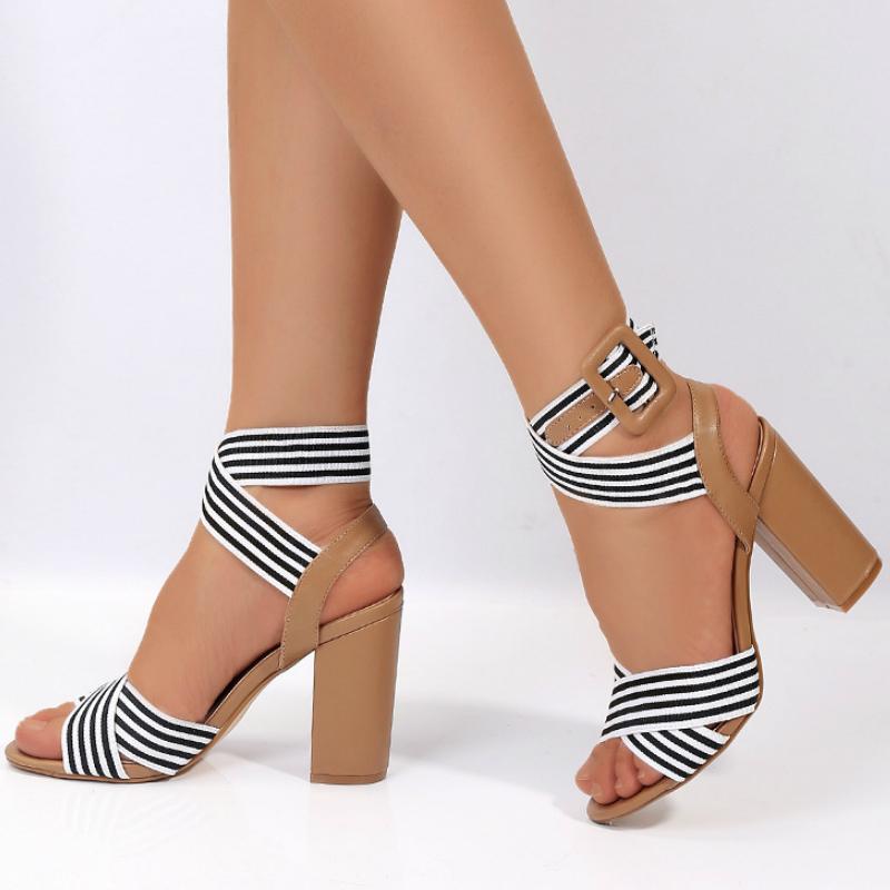 

2020 Summer Women Gladiator Sandals Platform Square High Heel Stirped Ankle Strap Fashion Casual Ladies Shoes Zapatos De Mujer, Black and white