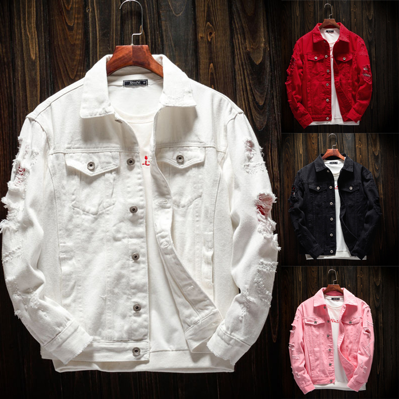 

2021 New Newly Designer Korean Style Fashion Jacket Destroyed Ripped Denim Jackets Men Cotton Coat Streetwear Hip Hop Chaqueta Ar3x, Red