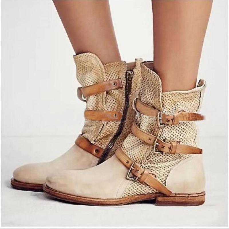 

Women ankle Boots gladiator falts shoe plus size autumn warm vintage PU leather single shoes short Booties Shoe botas mujerD21191, Beige