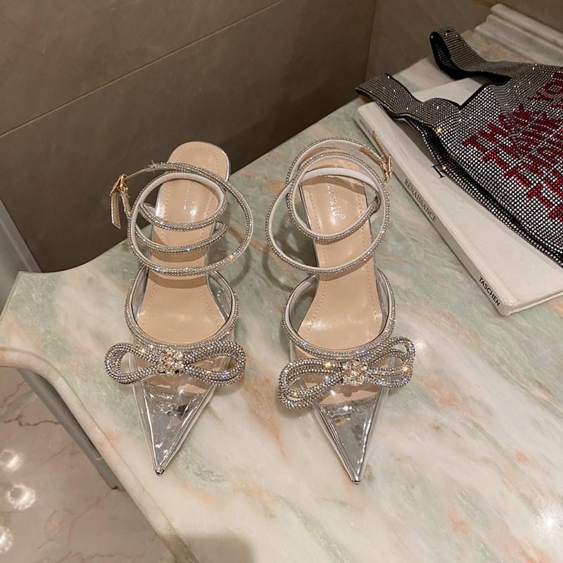 

Sandals Transparent Rhinestone Beaded Bow Fashion Pointed Buckle Banquet Women High Heels, Black