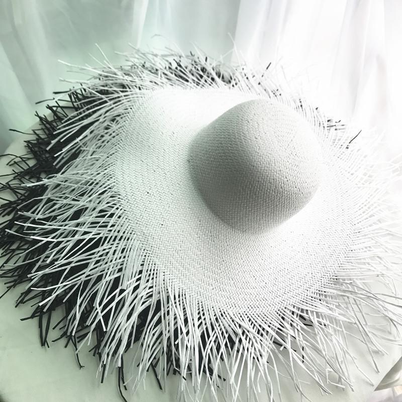 

2020 new all-match sun-proof sun-proof frayed flat top big brim straw hat beach travel sun protection straw hat, White