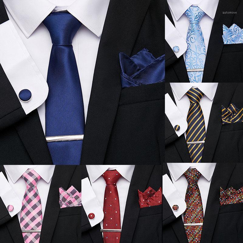 

Luxury Blue Stripe Soild Necktie 7.5cm 100% Silk Skinny Tie Clip Handkerchief Cuffink Necktie Set Corbatas Hombre Accessories1