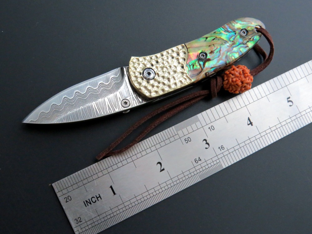

mini great abalone handle damascus blade camping folding knife