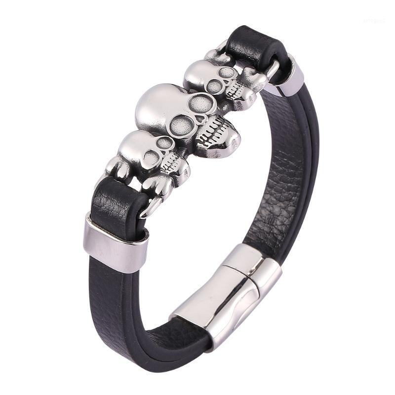 

Charm Bracelets Men's Stainless Steel Microfiber Leather Bracelet Personality Punk Style Skull Wristband Magnet Clasp Bangle1