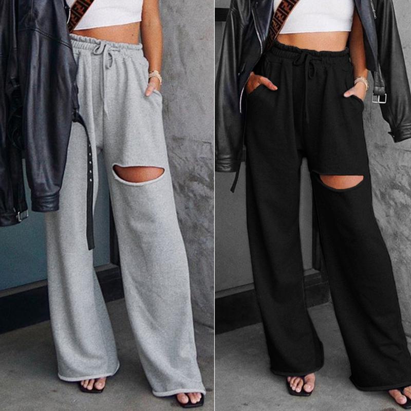 

Fashion High Waist Sweatpants Women New Hole Mopping Casual Pants Sports Pants Wide Leg, Black