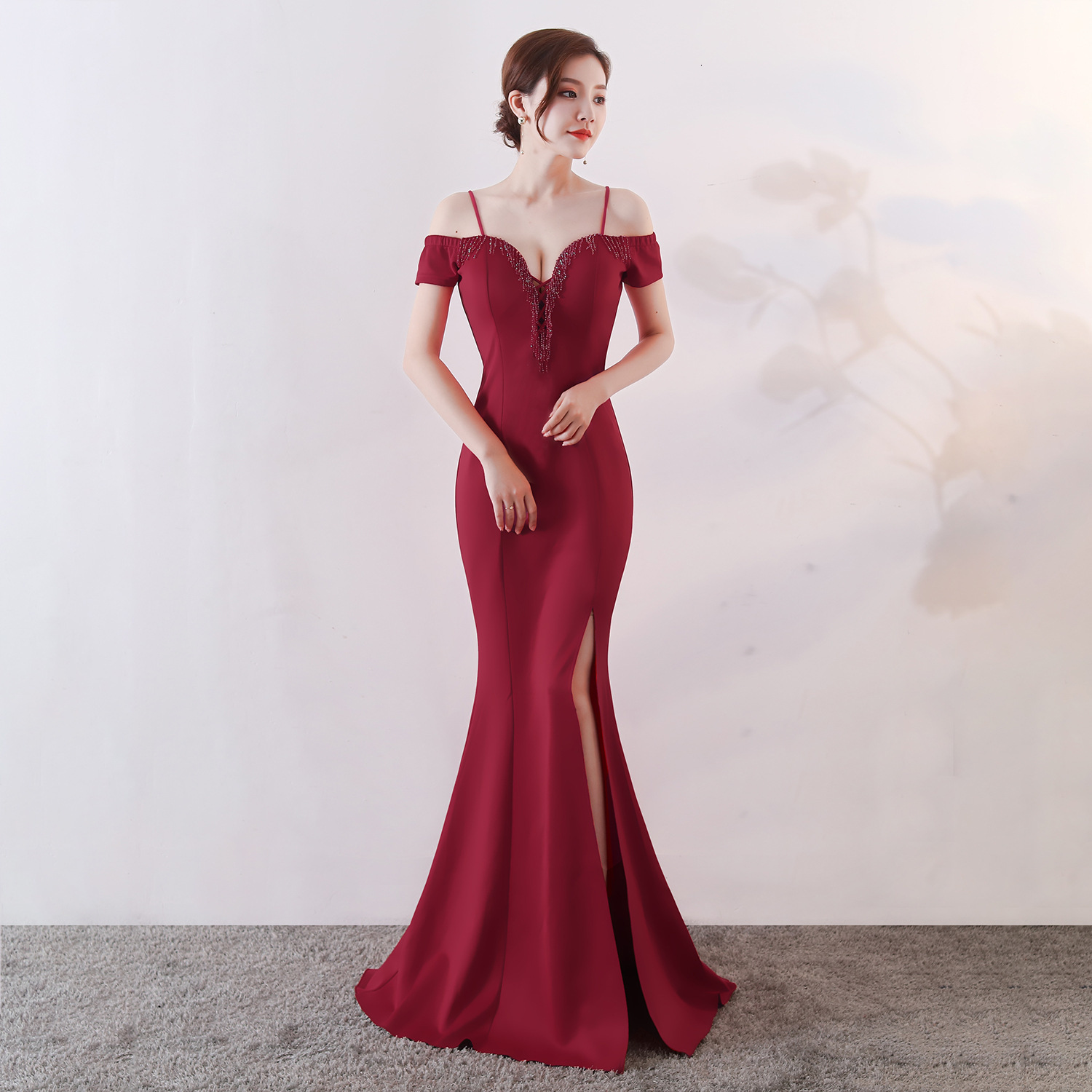 

Red Bridesmaid Sexy Side Split Elegant Evening Gowns Women Off Shoulder Mermaid Host Dress Hsnx, Navy blue