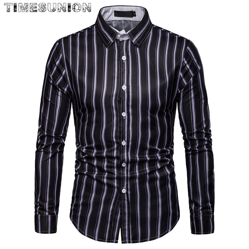 

Classic Striped Men Long Sleeve Shirt Fashion Slim Fit Lightweight Button-down Classic Male Smart Casual Shirts, Black