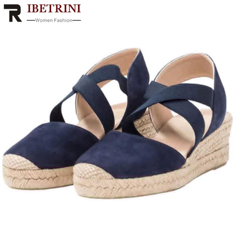 

RIBETRINI Retro Women Round Toe Platform Summer Shoes Women Straw High Heels Sandals Wedges Elastic Band New Sandals, Black