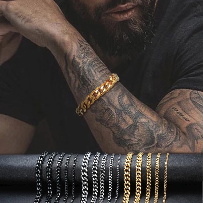 

3mm-11mm Mens 14K Gold Plated Bracelet Women Cuban Link Chains Stainless Steel Curb Silver Black Color Wrist Bracelets