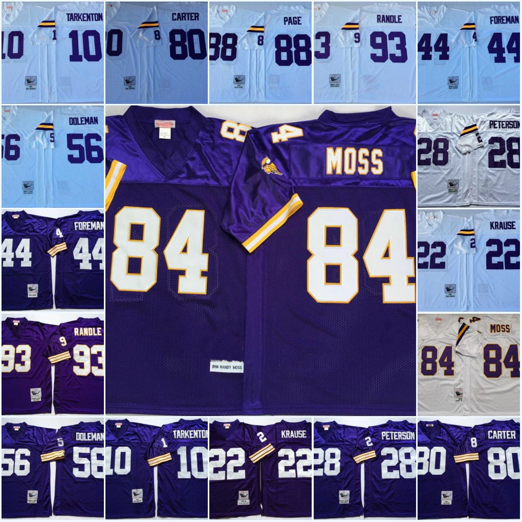 

Retro Jersey 84 Randy Moss Fran Tarkenton Adrian Peterson Chuck Foreman 56 Chris Doleman Cris Carter Alan Page John Randle M&N Football, Black