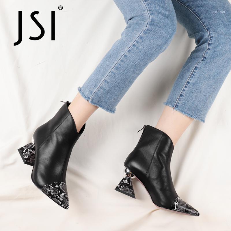 

JSI Ankle Boots Snake Pattern Woman Patchwork Genuine Leather Pointed Toe Ankle Boots Ladies High Strange Heel JC7991, Black
