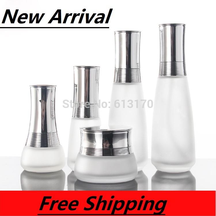 

120ml,100ml,,45ml,30ml Frosted Glass Lotion Pump Bottle,Cone Shape,Bright Silver Cap,50g Empty Cream Jar,Cosmetic Packing Bottle