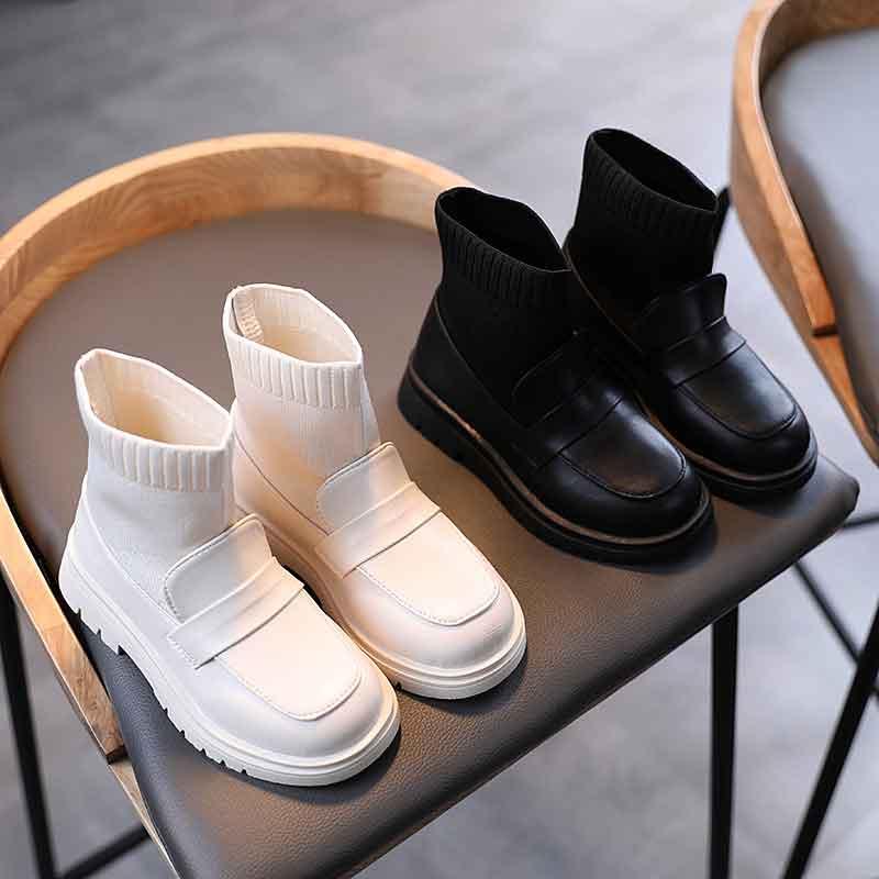 

Girls' Boots Autumn Winter British Style PU Leather+knitted Socks Boots Princess Children's Ankle Short Size26-36, Thick1