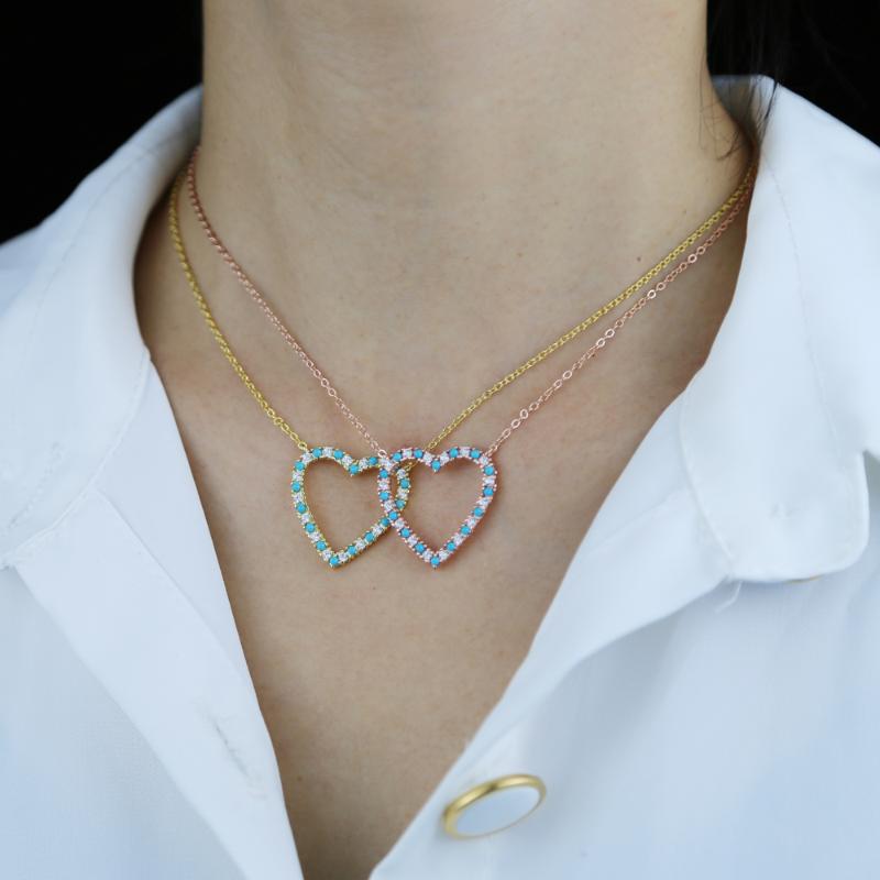 

Classic Popular Heart-shaped Pendant Necklace Turquoises Cz Paved Charm Necklace Jewelry Holiday Women Girls Gift Wholesale