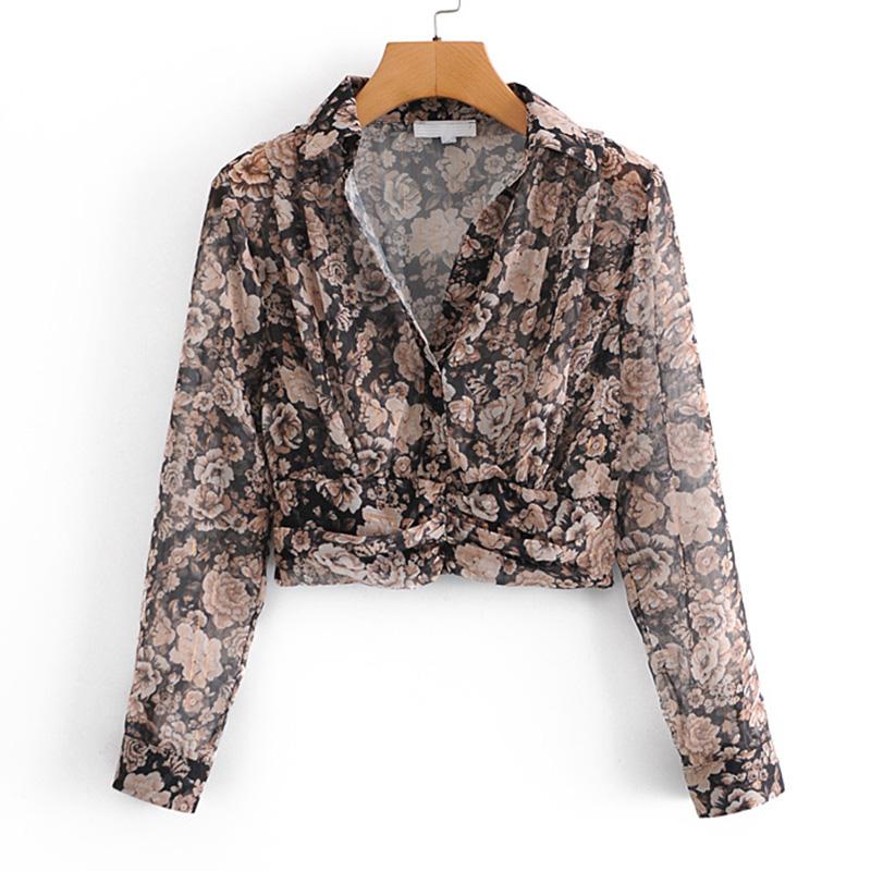 

Hadara Fashion Turn Down Collar Fold Tshirts Women Elegant Printed Front Buttons Tops Women Long Sleeve Short Tees Ladies, As picture