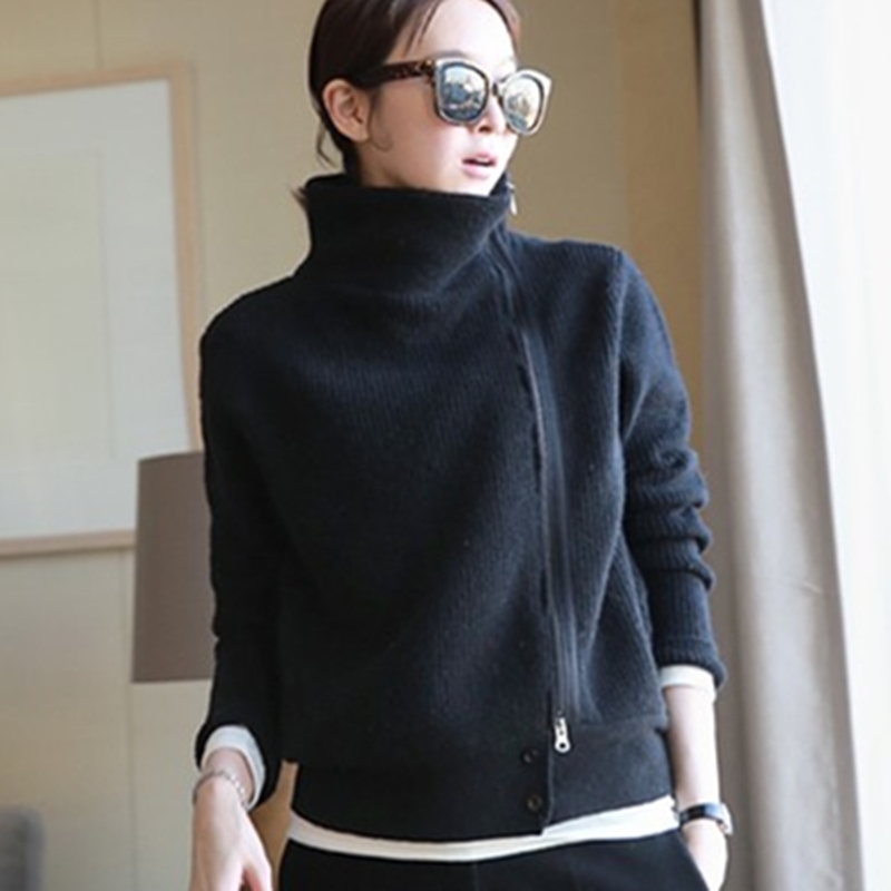 

2019 women Cardigan Double thickening loose turtleneck female Ladies' Solid Cashmere sweater Knitting Cardigans Y200722, Navy blue