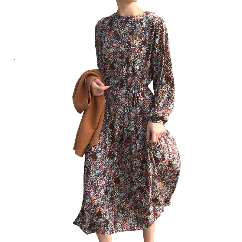 

New 2021 Summer Floral Long O-neck Lace-up Waist Vintage Maxi Elegant Women Clothes Vestidos 760d, Multi