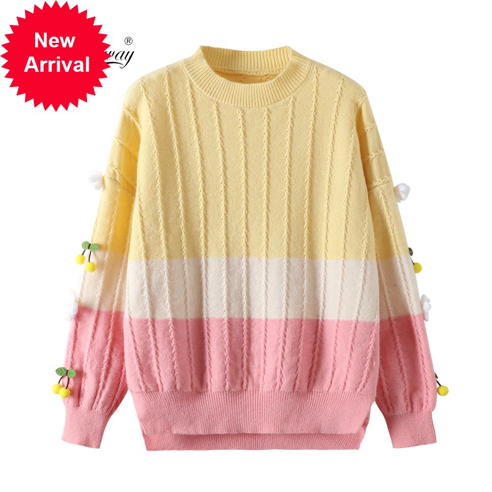 

2020 Autumn winter big-dimensional female sweater sweet o-ncek flowers loose batwing jumper ladies C-061, Pink