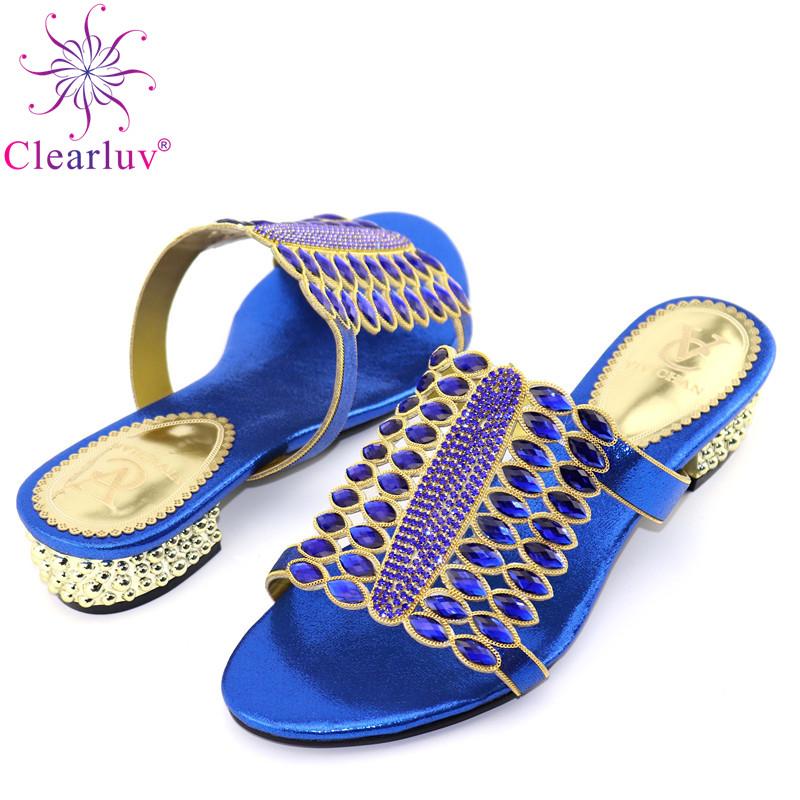 

New Fashion Ladies Sandals with Heels Low Heels Women Summer Slip on Shoes Designer Shoes Women Luxury 2021 Rhinestone Shoe, Blue