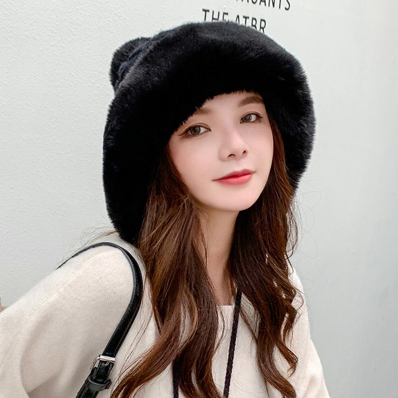 

Autumn and Winter Women's Cute Fur Ball Thickened Keep Warm Knitted Earflaps Hat Pure Color Hats Winter Double Fur Ball Hats
