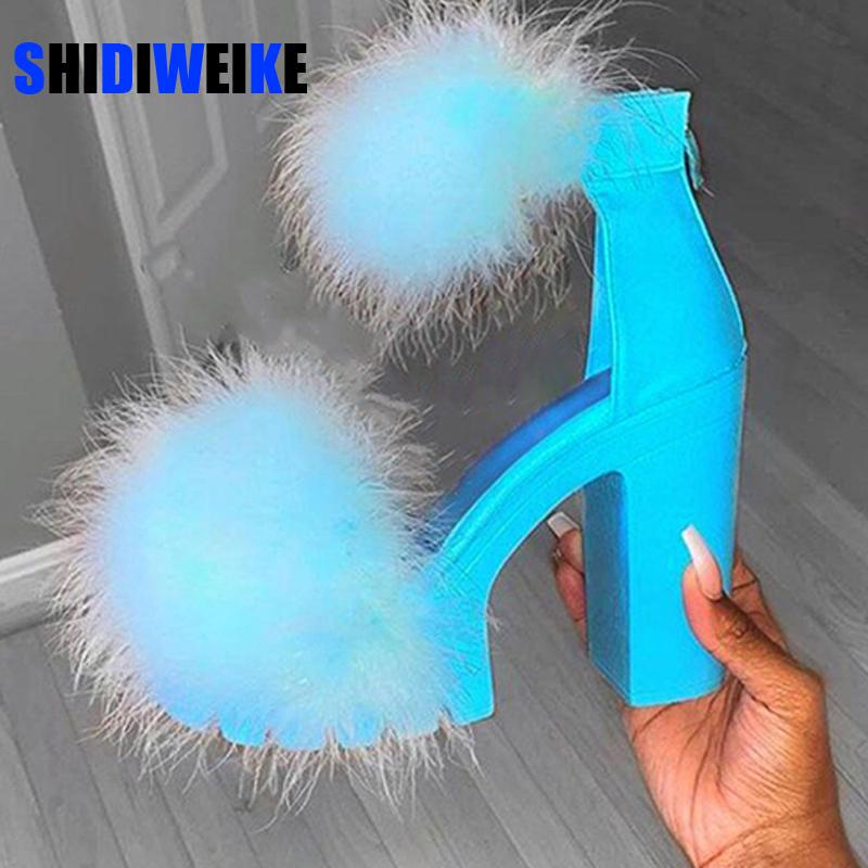 

Woman Platform Fur Sandals Ladies INS Plush High Heels Female PU Leather Non Slip Shoe Women Open Toe Women's Footwear Plus Size, Black