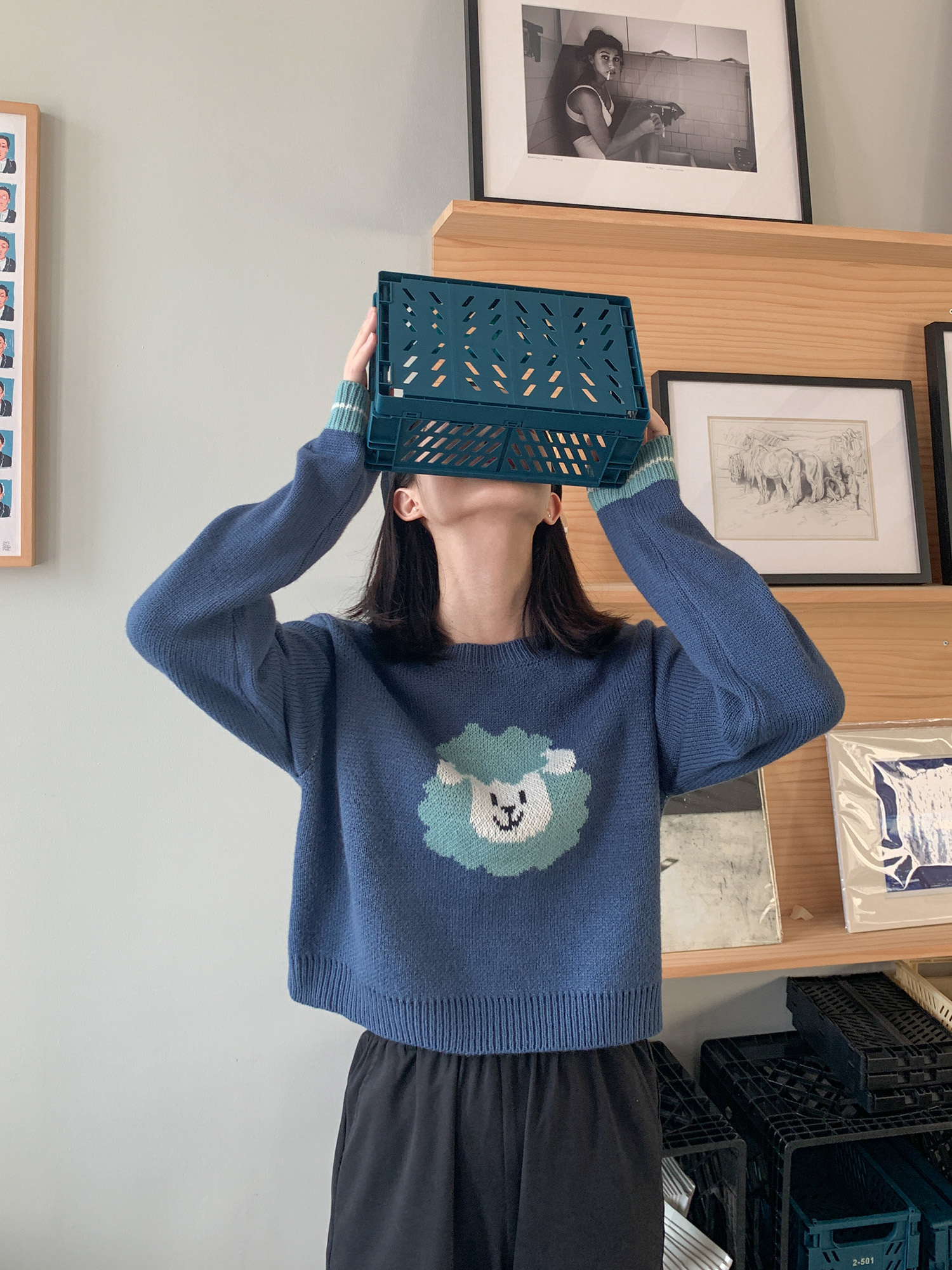 

2021 Short Jacquard Embroidered Woman's Knitted Sweater Fall and Winter New Round Collar Long Student Upper 9Z43, Blue