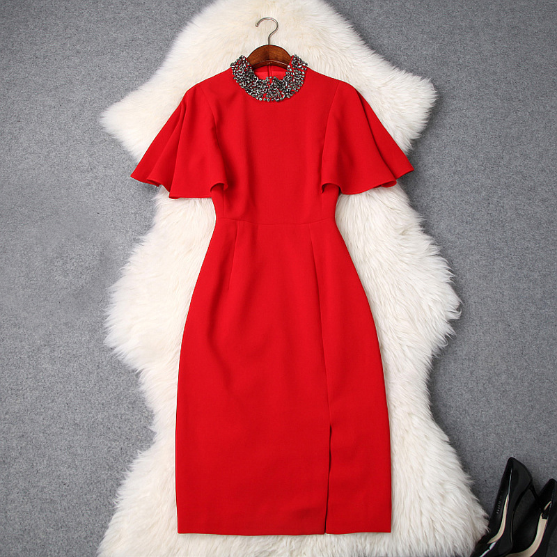 

2019 Spring Luxury Short Sleeve Crew Neck Pure Color Beaded Mid-Calf One Piece Dress Fashion Casual Dresses LD15T9374, Red