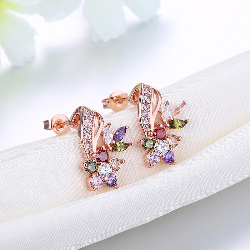 

Colorful Zircon Earrings Geometric Flower Stud Earrings For Women Earing Jewelry Rose Gold Color Earring Crystal Earings D203