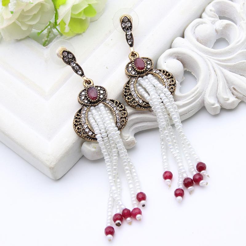 

SUNSPICEMS Morocco Long Bead Earring For Women Tulip Tassel Drop Earrings Turkish Antique Gold Color Vintage Wedding Jewelry