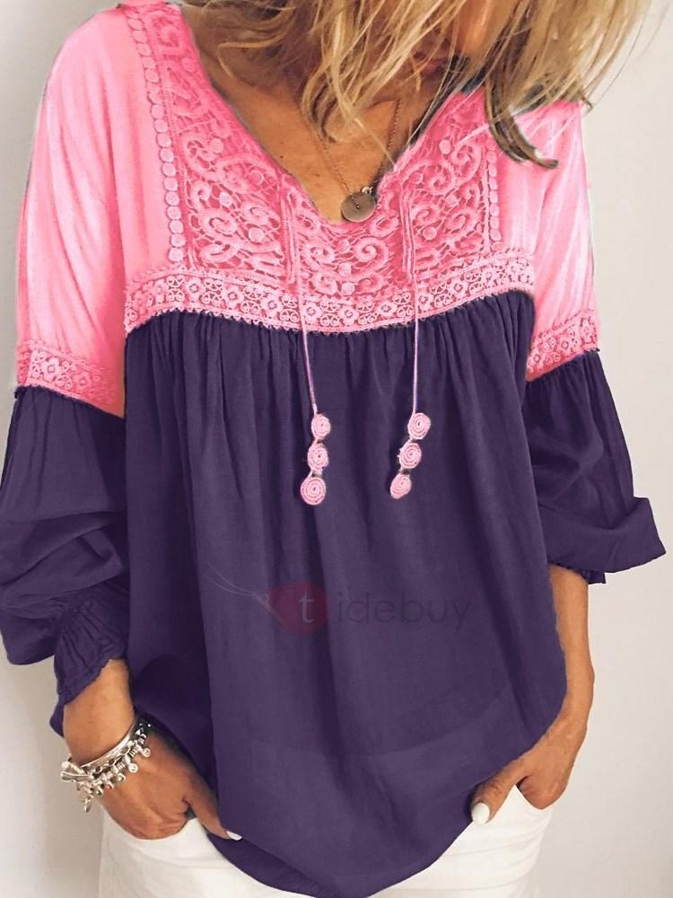

2020 autumn hot sale new fashion lace stitching women' contrast color loose all-match long-sleeved loose street blouse #6920, Blue