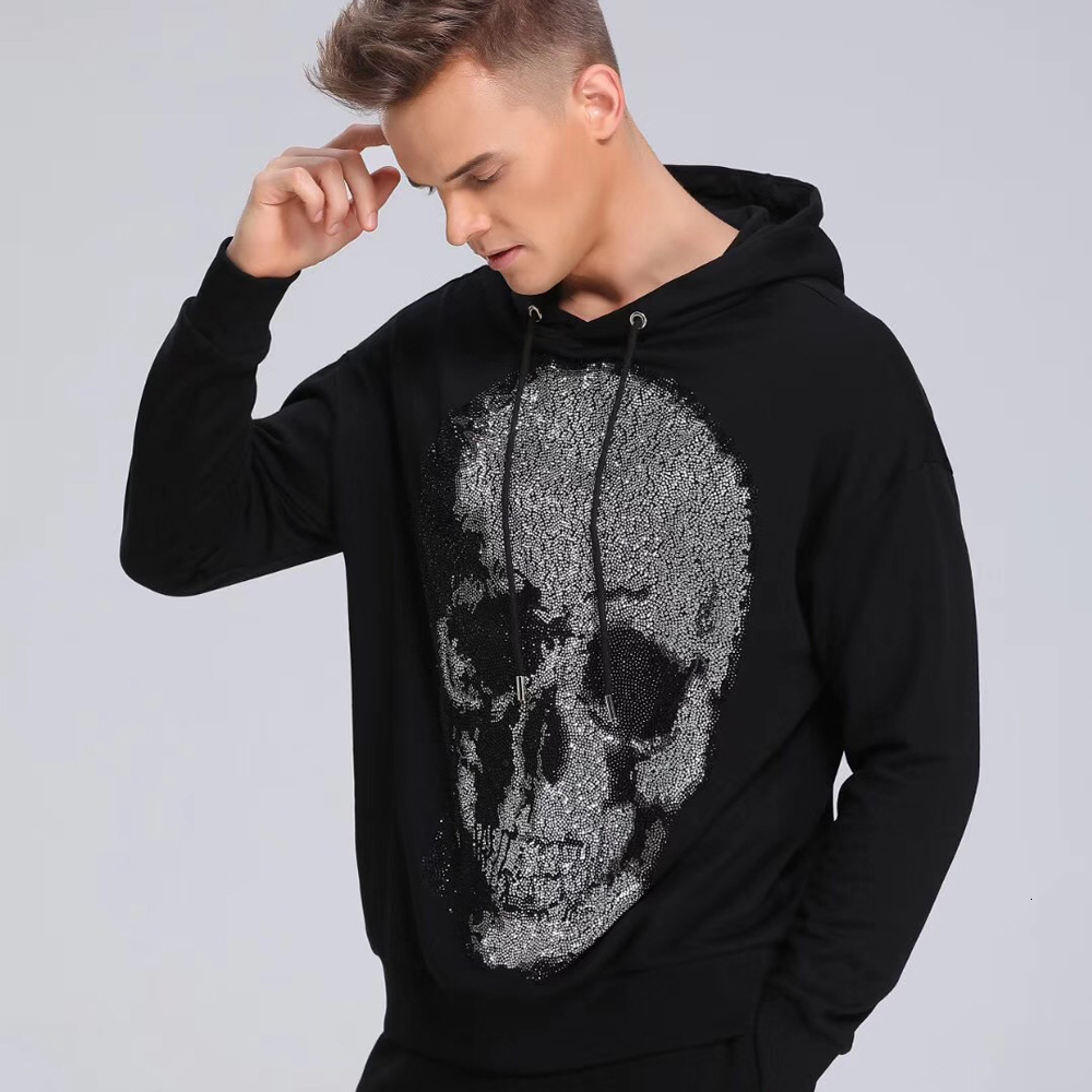 

Pp Bag Packaing! Vintage Men's Big Crystal Shine Skull Graphic Pullover Hoodie Sweatshirt Clothing for Man Sauh, Black