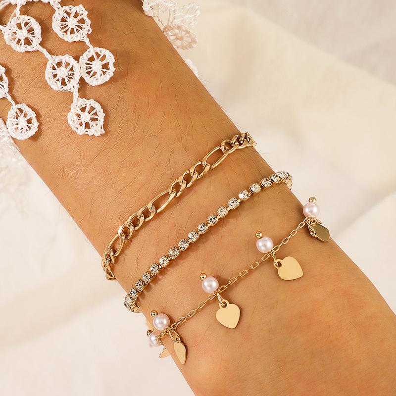 

Tocona 3pcs/sets Luxury Pearl Stone Tassel Bracelets for Women Charming Heart Clear Rhinestone Gold Chain Jewelry Gift 14802