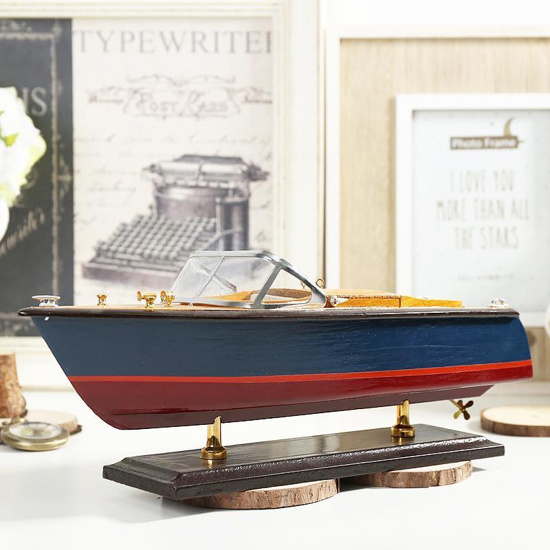 

Mediterranean Style Speedboat Yacht Model Handmade Craft Simulation Wooden Boat Decorative Ornaments Gifts European Accessories1