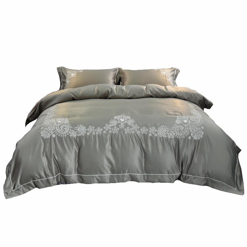

60S washed silk bedding set four-piece lace embroidered duvet cover European cotton, White