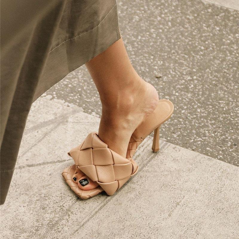 

MONMOIRA Vintage Square Toe High Heel Weaving Sandals Women Open Toe Gingham Slipper Sandals Summer Designer Shoes Women SWC0856, Black