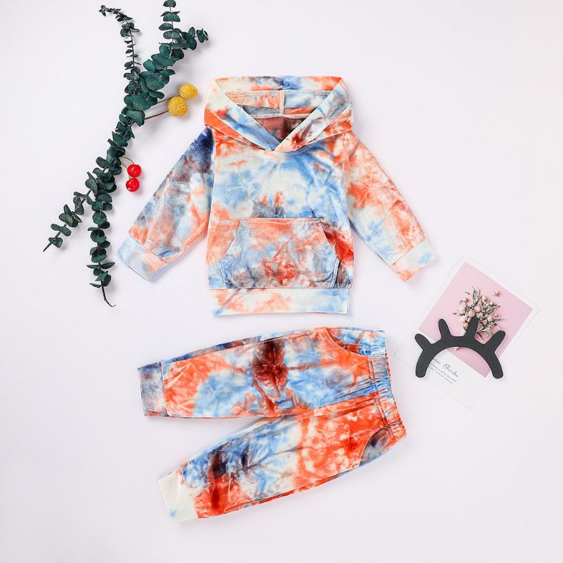 

2pcs Newborn Baby Girls Boys Tie Dye Print Hooded Pocket Tops Pants Trousers Kids Boys Casual Tracksuit Outfits Clothes Sets New, Gray