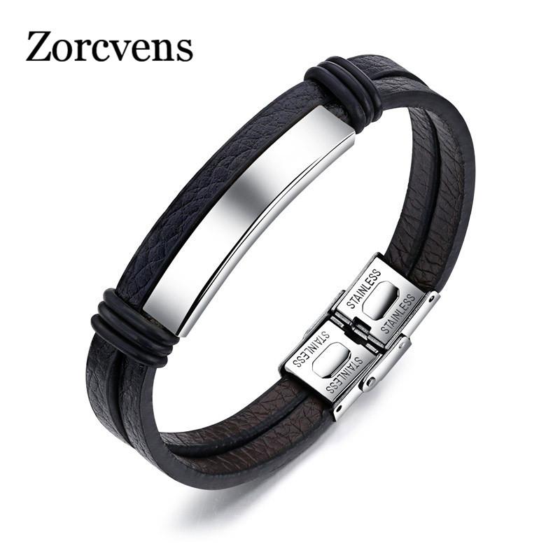

ZORCVENS Bracelets & Bangles Stainless Steel Leather Bracelet Men Jewelry Punk Men Bracelet Black 22cm Charms Fashion Bangles