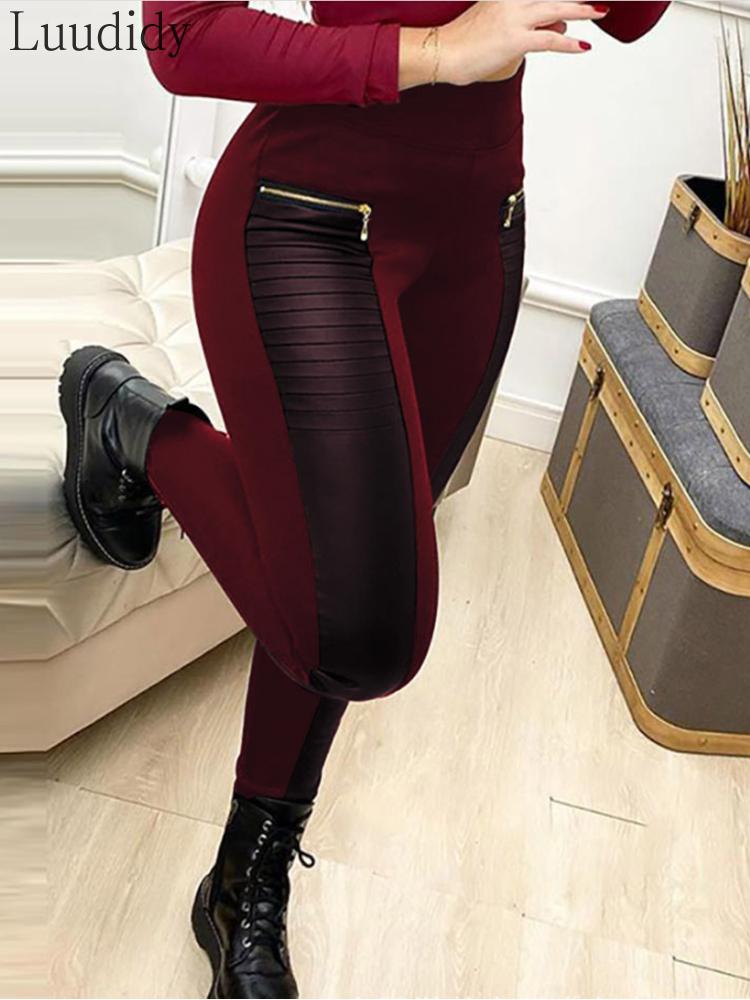 

Women PU Leather Contrast Zipper Design High Waist Skinny Pants, Black